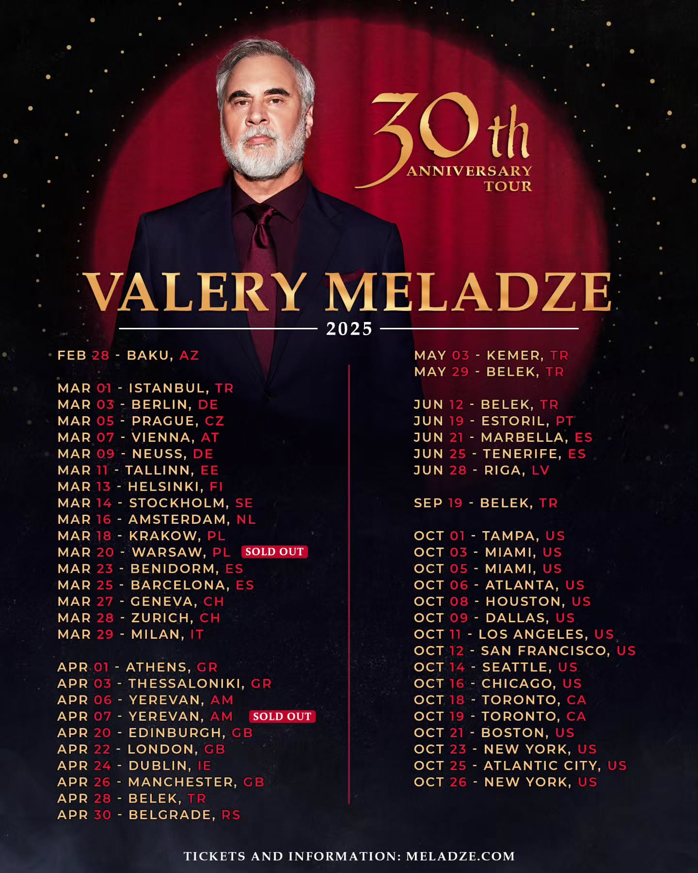 Valery Meladze 30th Anniversary Tour Poster 2025